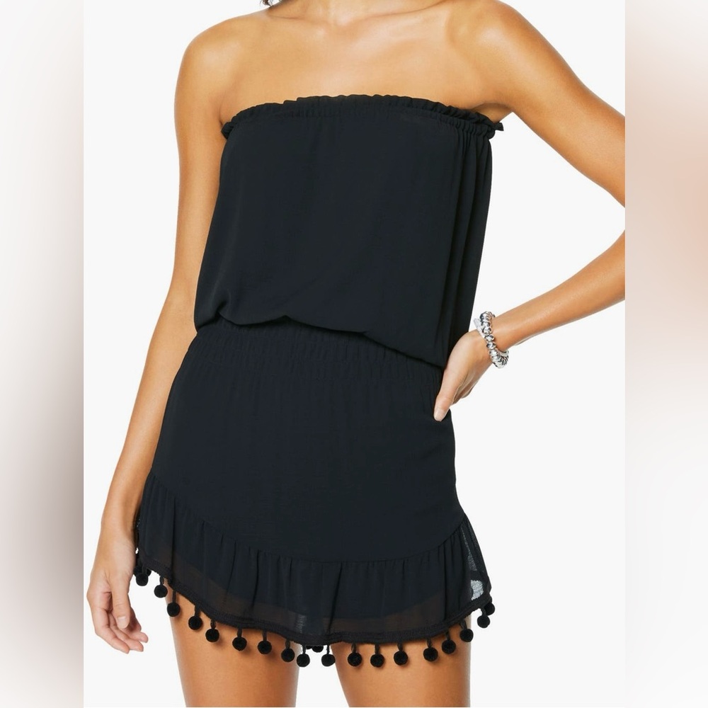 Ramy Brook Black Marcie Pom-Pom Coverup Sheer Lined strapless Mini Dress, S!